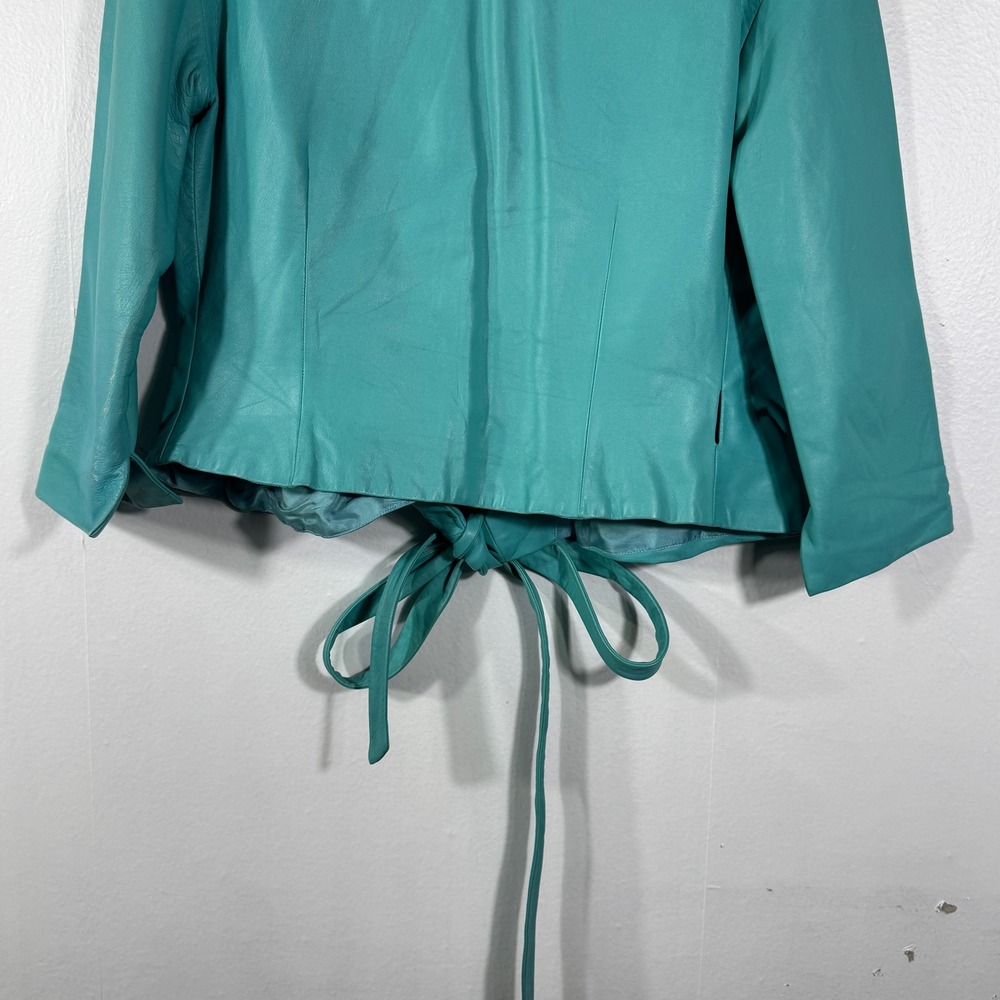 Badgley Mischka Vintage Teal Leather Jacket Silk Lined Cropped Tie Waist Sz‎ M/8 - Picture 7 of 15